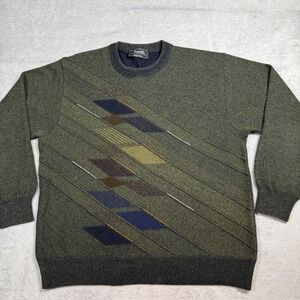 Marcello‎ Large Sweater Mens Green Wool Blend Made in Italy Geometric Crewneck
